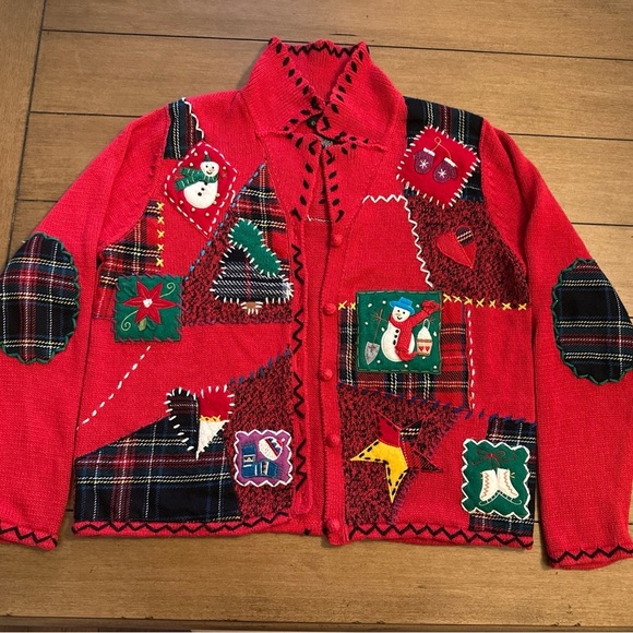 Vintage 90s Christmas Holiday Sweater Red Knit Cardigan Designers Originals P/L - Picture 1 of 10